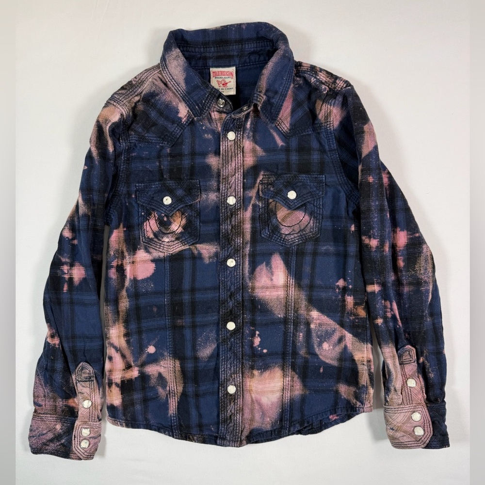 TRUE RELIGION Girls Plaid Bleach Splatter Button Up Long Sleeve Western Size M